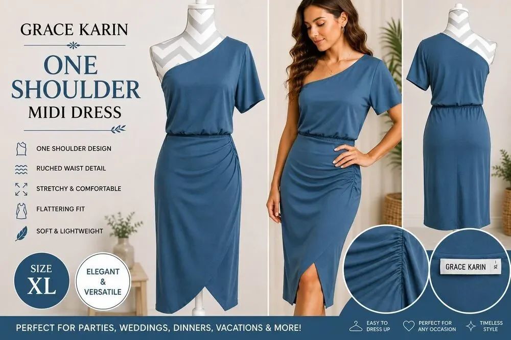 Grace Karin One Shoulder Midi Dress Teal Blue Green Ruched Women's XL